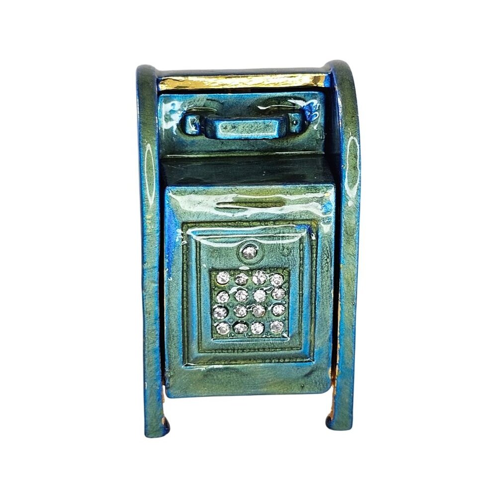 Work Of Art Mailbox Metal Enamel Rhinestone Trinket Box Vintage Style